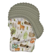 Malarkey Kids Munch Mitt Grey Woodland front view showing soft silicone for soothing gums