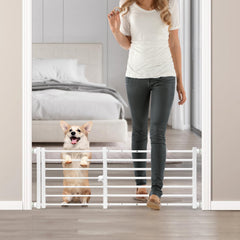 Malier Indoor Dog Gate with Door securely blocks doorway for small dogs, tool-free setup.