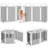 Malier metal freestanding dog gate with door in open configuration for safe stair access control.