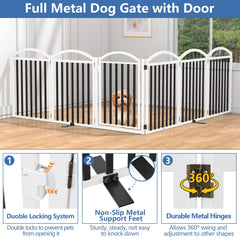 Malier metal freestanding dog gate six-panel setup provides wide indoor barrier.