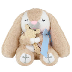 Malihome prayer bunny blue full view, a comforting baptism-ready plush companion