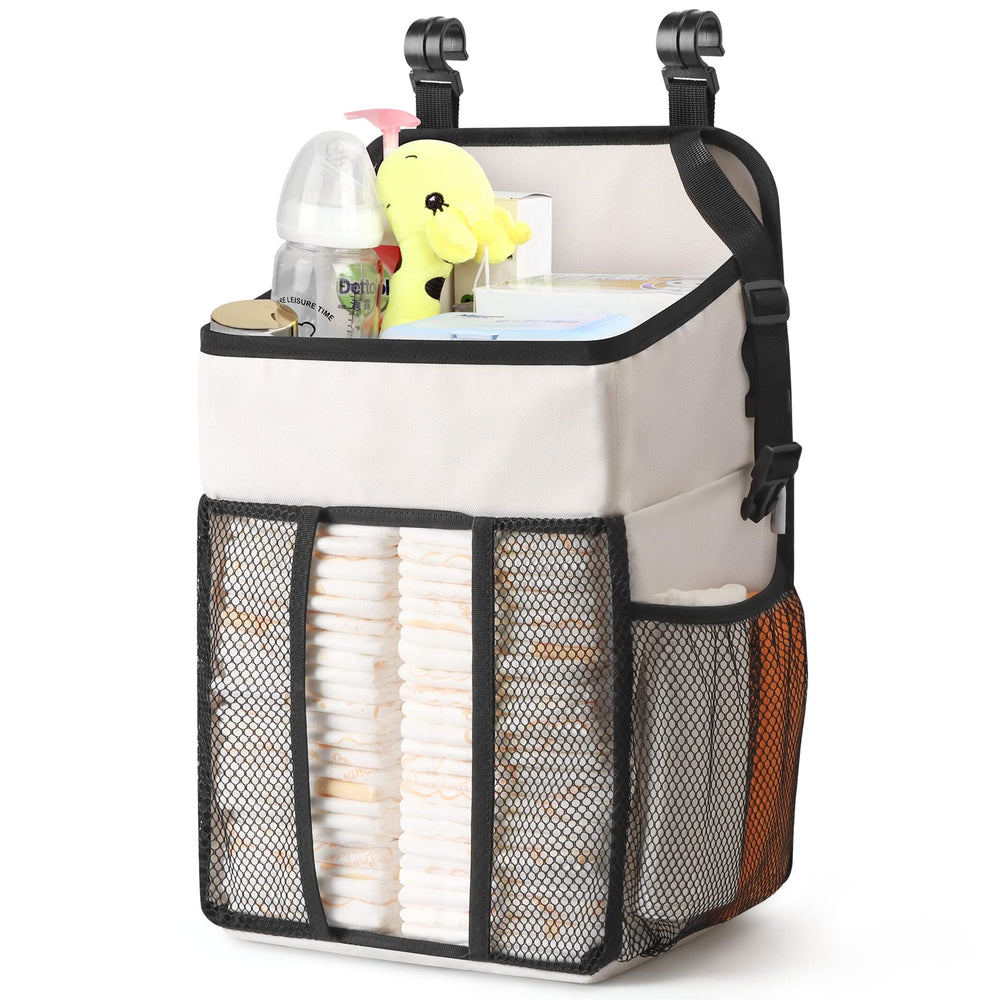 Maliton hanging diaper organizer on changing table showing large diaper storage