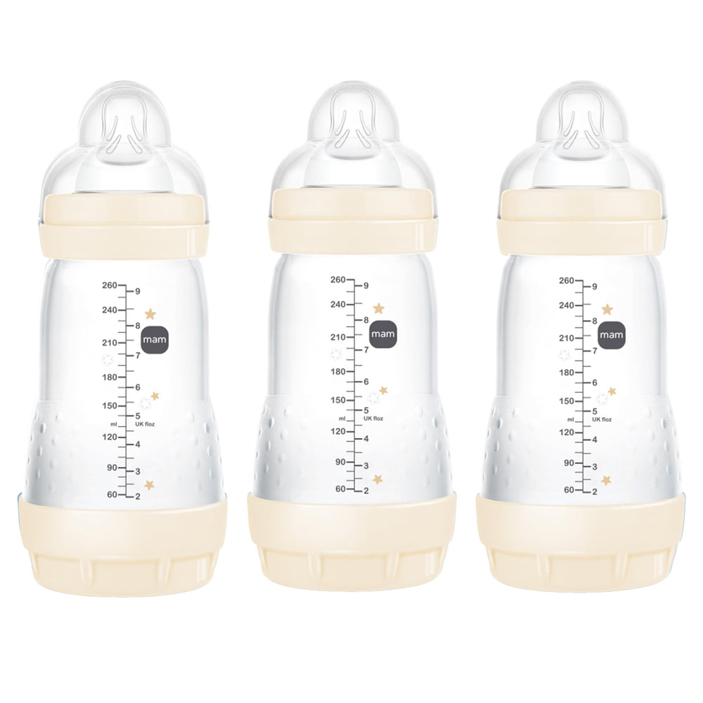 MAM 9oz Easy Start bottle close-up with silicone nipple for breastfeeding-like feeding