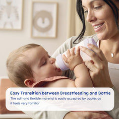 MAM flat symmetrical nipple design fits baby's mouth comfortably.