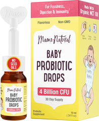 Mama Natural Baby Probiotic Drops bottle shows clean label for gentle gut support.