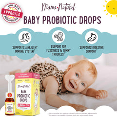 Mama Natural Baby Probiotic Drops label highlights 10 strains and 4B CFU.