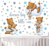 Mamarons Blue Bear nursery decal with moon and stars for calming baby boy rooms.