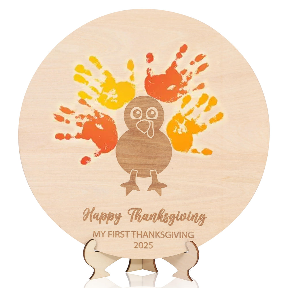 MAMUXI Thanksgiving handprint board closeup showing warm wood texture for memories