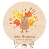 MAMUXI Thanksgiving handprint board closeup showing warm wood texture for memories