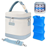 Mancro bottle cooler bag open with six bottle slots for organized pumping at daycare.