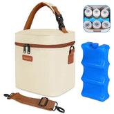 Mancro breast milk cooler beige front view shows spacious capacity for six bottles