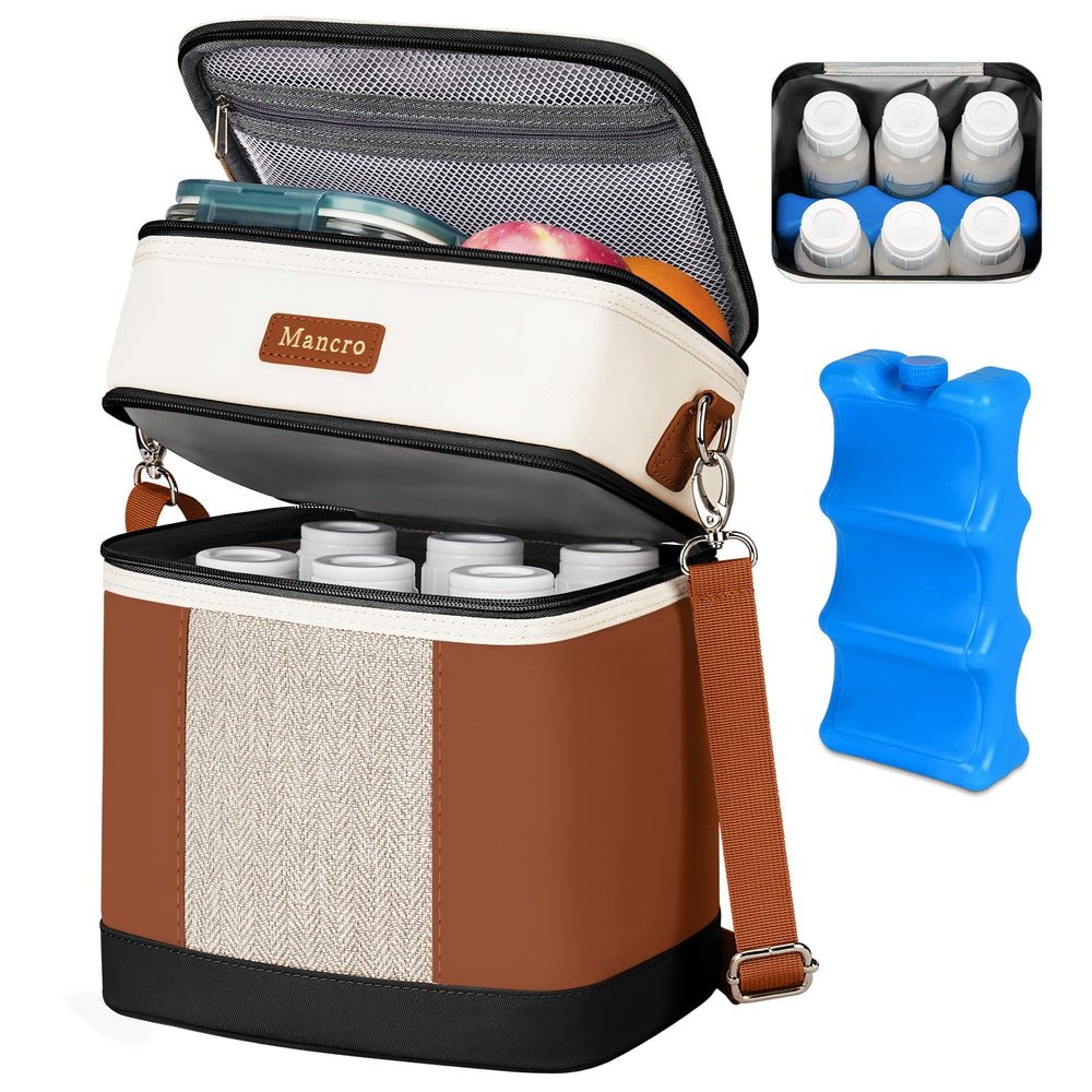 Mancro Breast Milk Cooler Bag front view shows stylish black and brown design with beverage storage