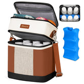 Mancro Breast Milk Cooler Bag front view shows stylish black and brown design with beverage storage
