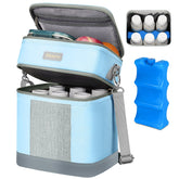 Mancro breastmilk cooler bag front view in blue with organized bottle storage.