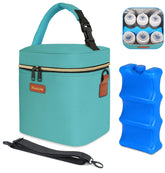 Mancro breastmilk cooler bag in green viewed from front, showcasing spacious bottle capacity.