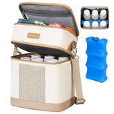 Mancro breastmilk cooler bag open top view with organized compartments for on-the-go feeding