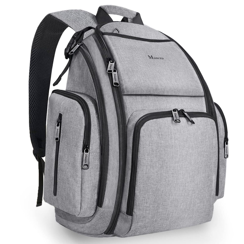 Mancro diaper bag backpack front view in grey highlights spacious storage and quick-access pockets
