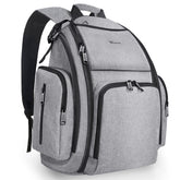Mancro diaper bag backpack front view in grey highlights spacious storage and quick-access pockets