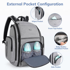 Mancro diaper bag backpack wipes pocket close-up with front pockets for mom's quick essentials