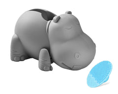 Mandoo grey hippo faucet cover close-up showing soft silicone protection for bath time