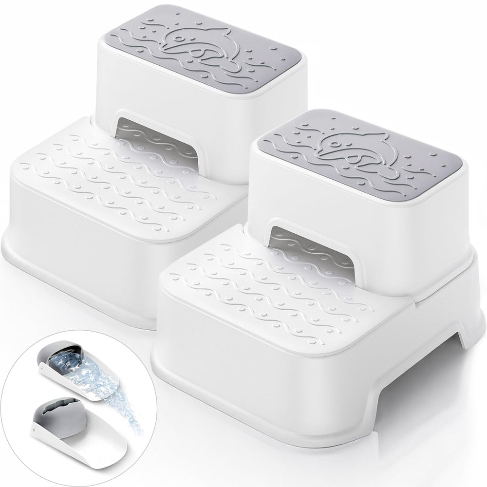 Mangohood 2-Step Stool in bathroom setup helps kids reach sink for easy handwashing.