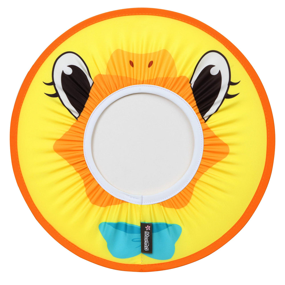 Manito baby shower hat with duck design keeps shampoo out of eyes during bath.