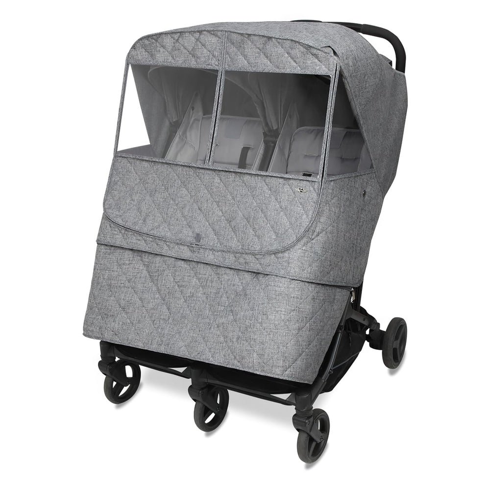 Manito Melange weather shield outer layer provides rain and wind protection for twin strollers.