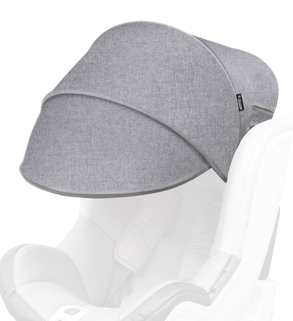 Manito Sun Shade Extender on a car seat showing secure headrest attachment for UV protection