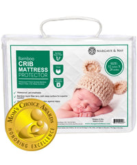 Margaux & May crib mattress protector shows ultra-soft bamboo surface for baby comfort.