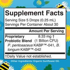 MaryRuth Organics Baby Probiotic Drops dropper dispensing a precise 5-drop dose