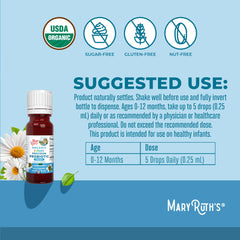 MaryRuth Organics Baby Probiotic Drops organic label highlights USDA Organic and vegan attributes