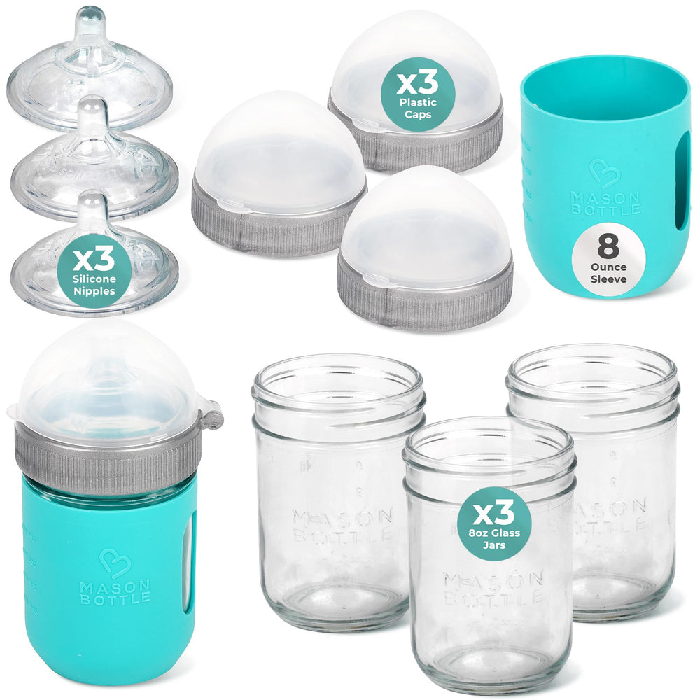 Mason Bottle 3-pack 8oz bottles front view showing glass feeding option with no plastic contact