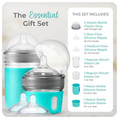 Mason Bottle 4oz glass baby bottle with silicone sleeve supports comfortable feeding for newborns.