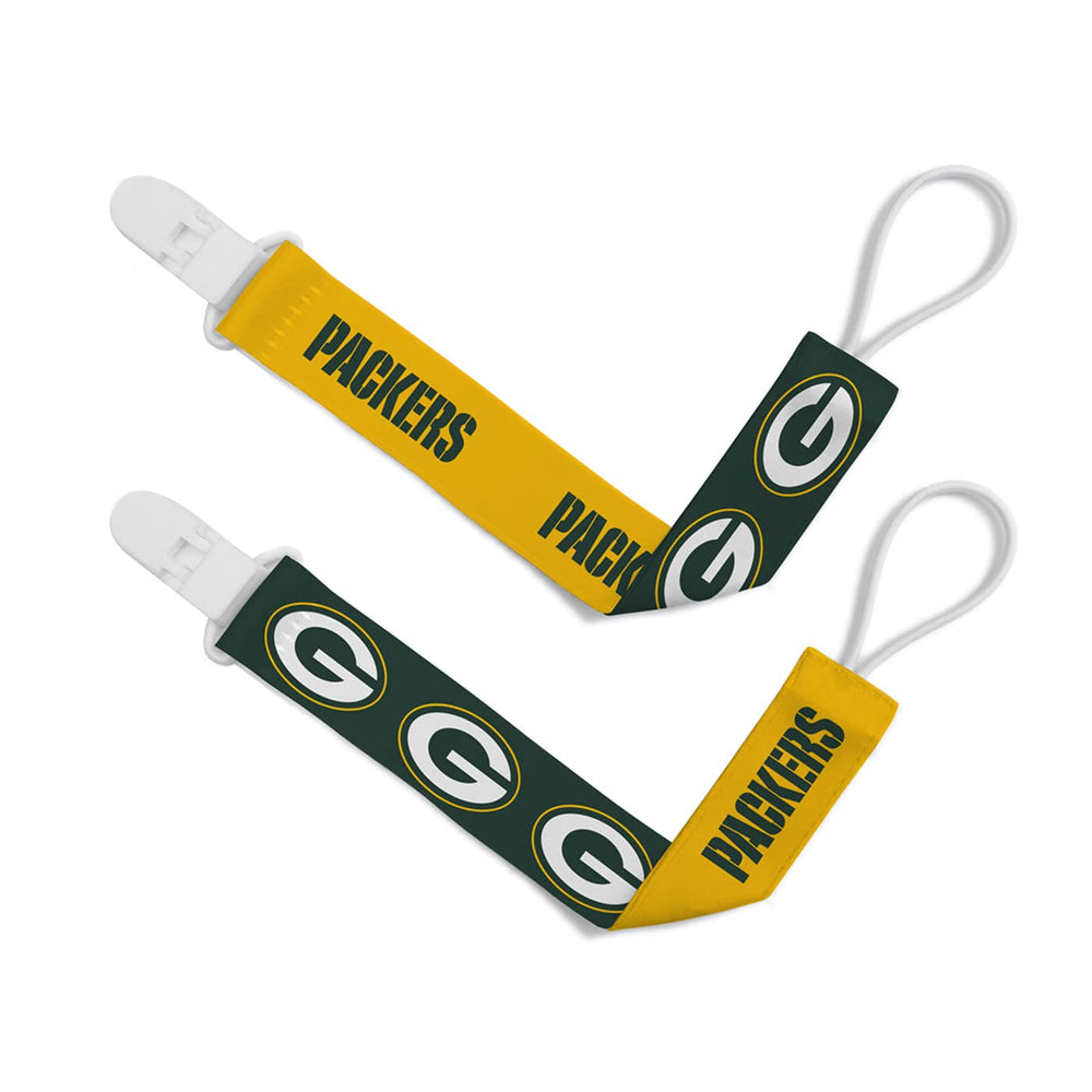 Masterpieces BabyFanatic Packers pacifier clip front view with dual logo design for easy baby fan identification