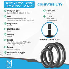 Mata1 inner tube 12.5x1.75/2.25 pair highlights extra size for jogging strollers.