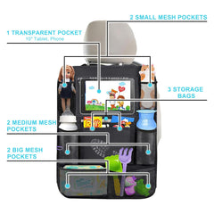 Matenf universal-fit back-seat organizer with buckle straps installed in a car interior.