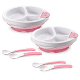 Matyz 2-pack suction warm plates in pink stabilize meals during self-feeding.