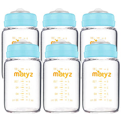 Matyz glass breastmilk bottle set with wide-neck design and blue lids for easy storage and pumping.