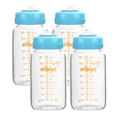 Matyz glass breastmilk bottles 8oz four-pack with blue lids for easy storage and feeding.