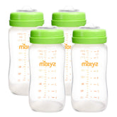 Matyz wide-neck breastmilk bottle with green lid for pumping and storage.
