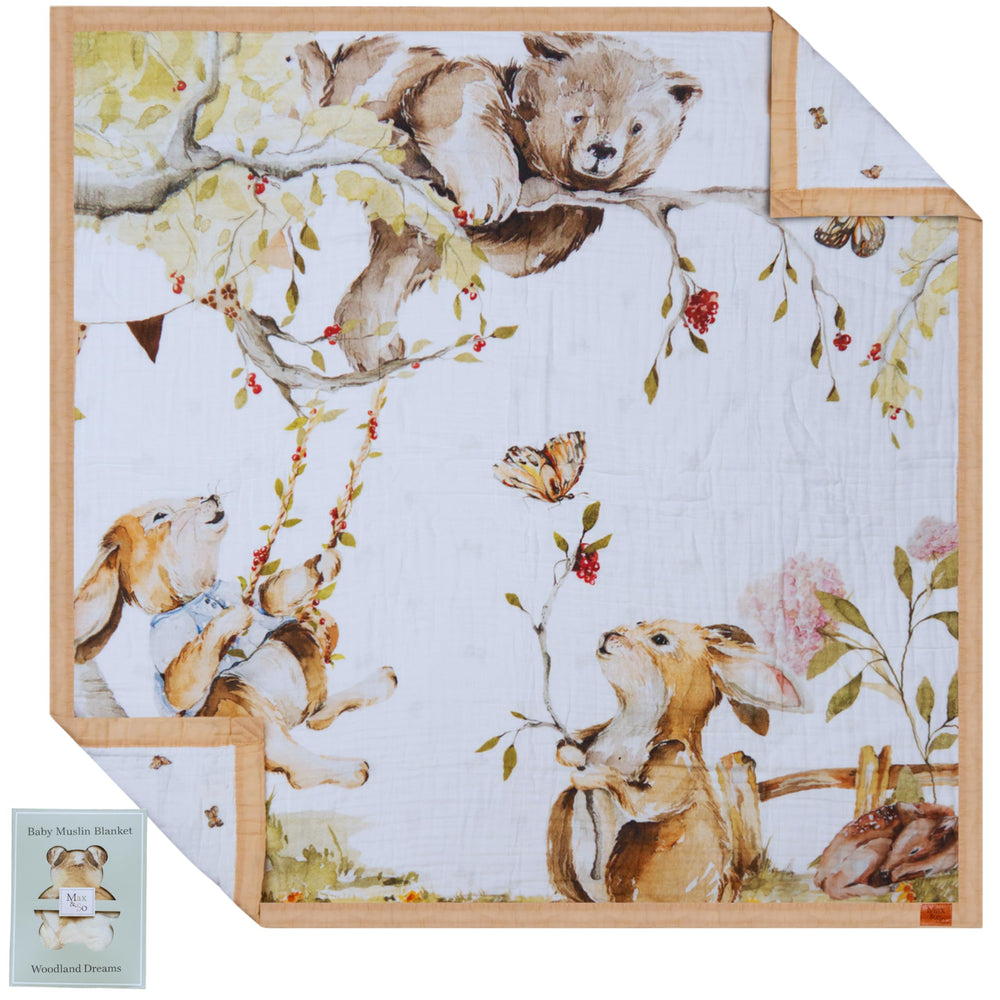 Max&So Baby Muslin Woodland Blanket closeup shows soft cotton texture for gentle year-round comfort