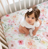 Max&So floral crib sheet pink bloom close-up showing soft texture for baby-friendly comfort.