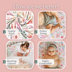 Max&So floral crib sheet snug fit close-up demonstrates secure edges for restless sleepers.