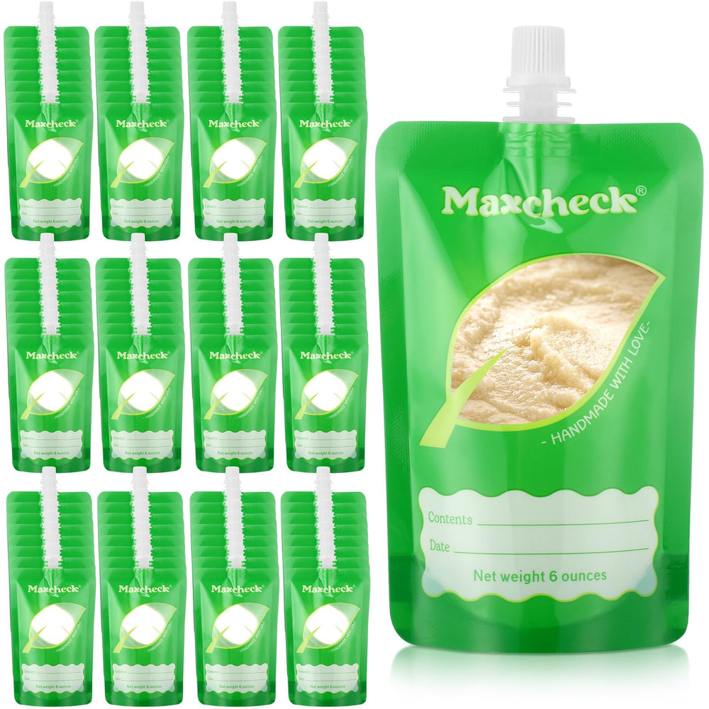 Maxcheck 100-pack disposable baby food pouches front view for ready feeding options