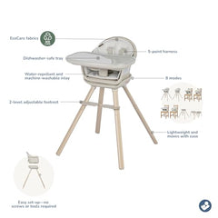 Maxi-Cosi Moa toddler highchair at table mode supports family meals.