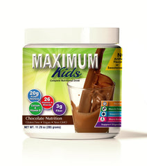 Maximum Kids powder mix bottle being poured into glass for quick, kid-friendly nutrition.
