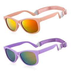 MAXJULI baby sunglasses adjustable strap secures a comfortable fit for active infants.