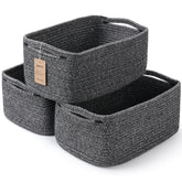 Maxuni 3-pack woven storage baskets neatly organized on a shelf for easy access.