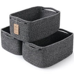 Maxuni 3-pack woven storage baskets neatly organized on a shelf for easy access.