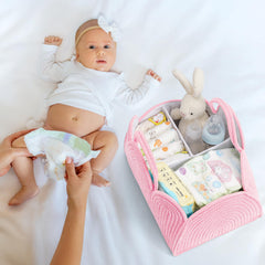 Maxuni diaper basket organizer pink side view with handles